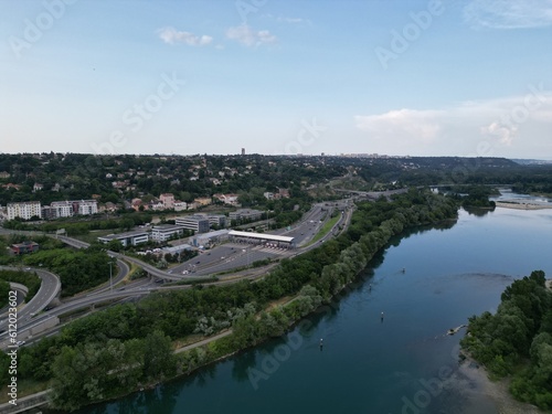 Aerial photography of both sides of the Saône River in Lyon, France