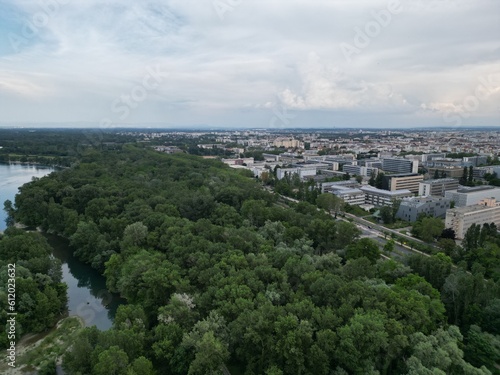 Aerial photography of both sides of the Saône River in Lyon, France