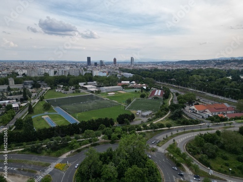 Aerial photography of both sides of the Saône River in Lyon, France