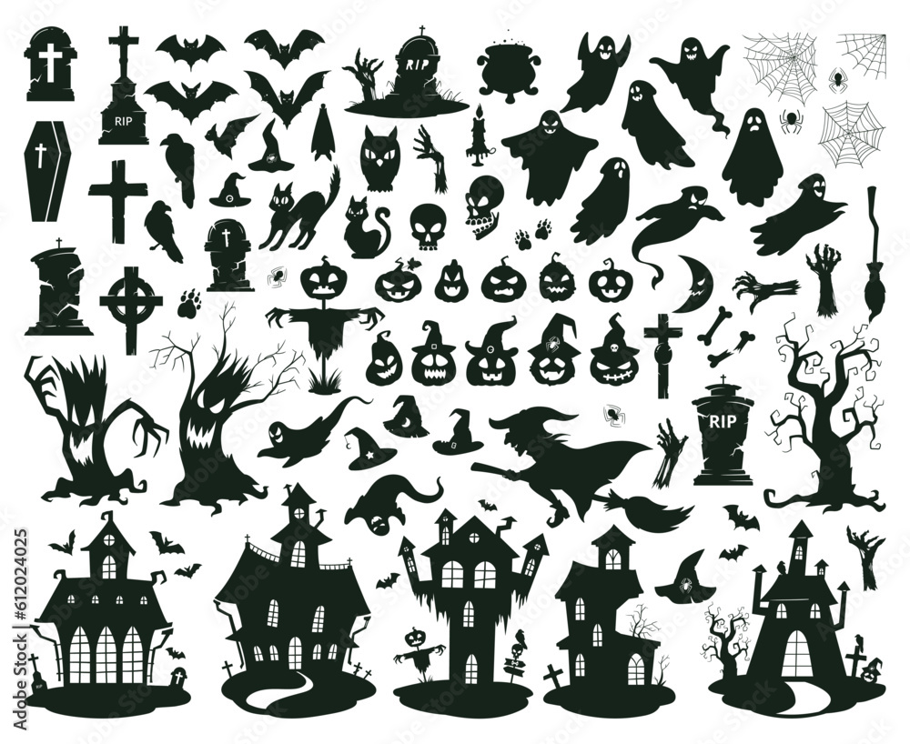 Halloween spooky silhouettes. Creepy pumpkins, ghosts, gravestones, zombie hands and bats flat vector illustration set. Horror halloween celebration silhouettes