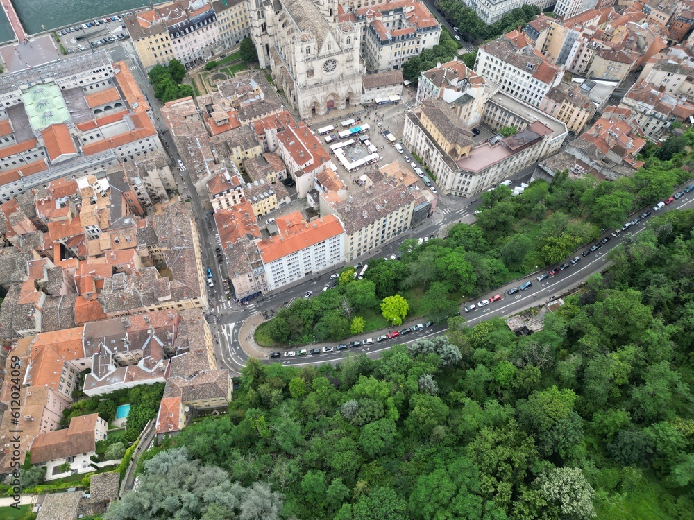 Aerial view of the city center of Lyon, France