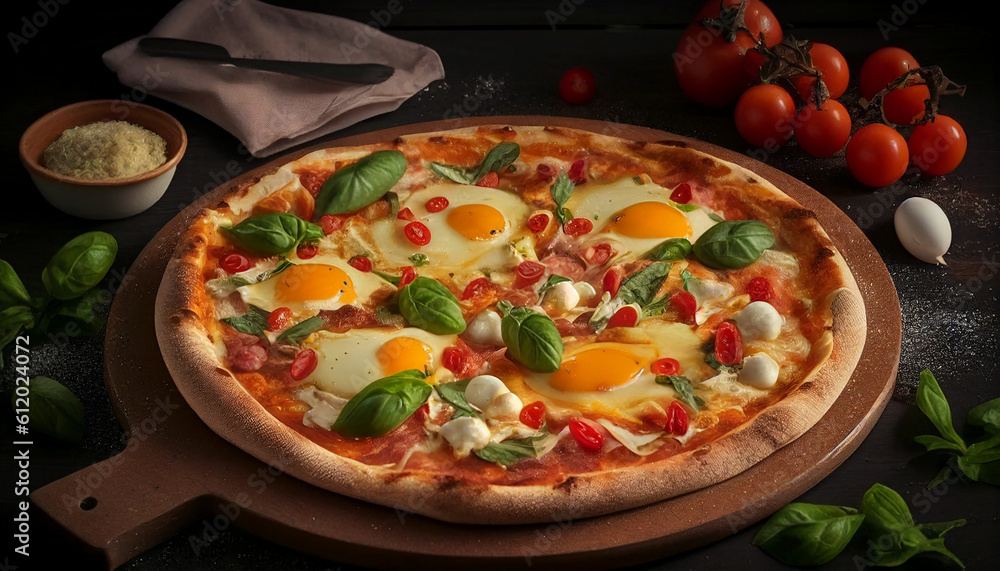 Pizza with mushrooms and tomatoes, delicious homemade pizza with egg, cheese, tomatoes, and basil, Generative AI