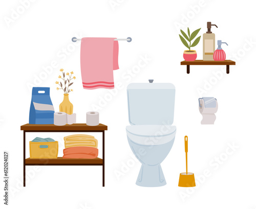 Cartoon bathroom interior. Modern decorative washroom with toilet and sink. Bathroom interior flat vector background illustration