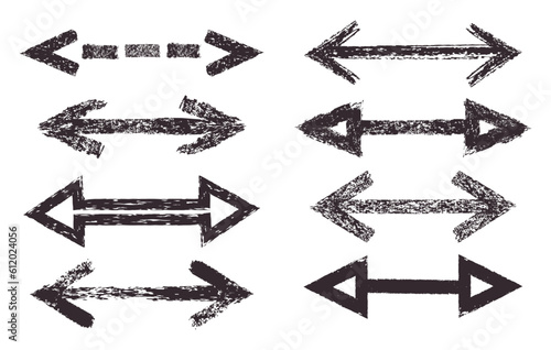 Chalk double pointers. Grunge texture chalk pencil arrows. Rough abstract hand drawn charcoal arrows flat vector illustration set