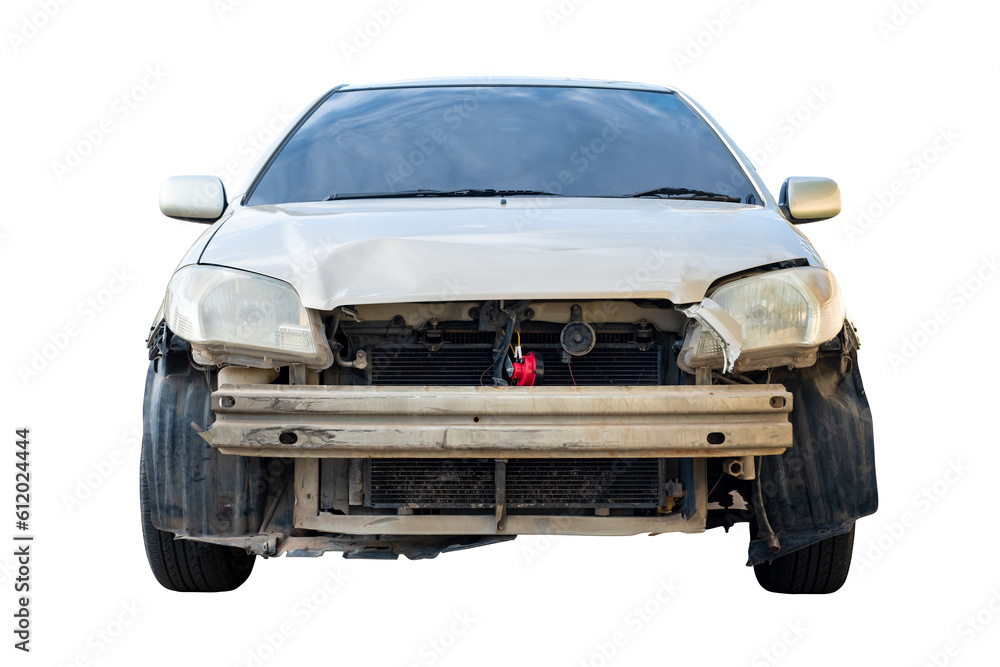 Front of Old car get damaged by accident on the road. damaged cars after collision. isolated on transparent background, PNG file.