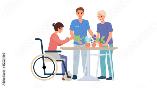 Occupational therapy activity rehabilitation session for disabled patient on wheelchair and standing with walker. Gardening activity for treatment and intervention of occupational therapist.