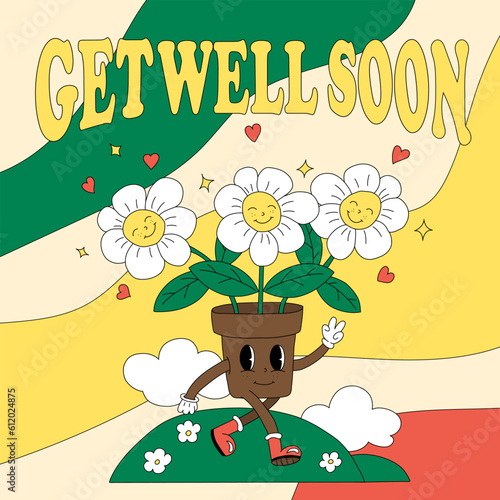 Speedy Recovery Card Cheerful Flowering Pot with Eyes Running Across the Field Smiling Daisies Cheer up a Sick Person