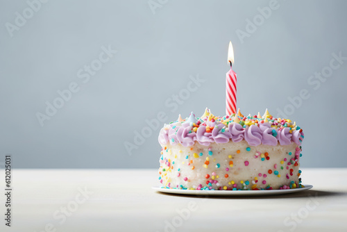 Birthday white cake decorated with candle, colorful sweets, cream on a light gray background. Generative AI