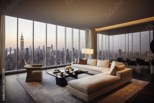 Concept art illustration of luxury penthouse living room interior in New York city, Generative AI © Dream Canvas