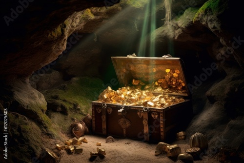 Generative AI illustration of pirates treasure chest full of gold in cave, Generative AI