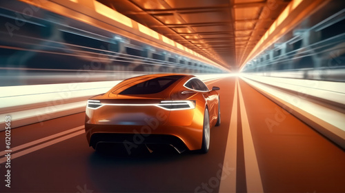 Modern generic electric vehicle drives on tunnel bridge. 3D illustration Generative AI.