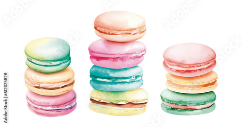 Hand drawn watercolor french macaron dessert. Vector Illustration