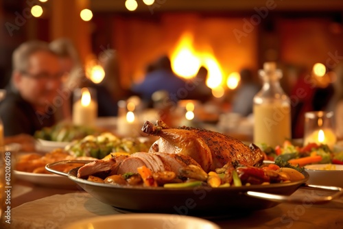 Roast turkey in the foreground on a festive table. Generative AI