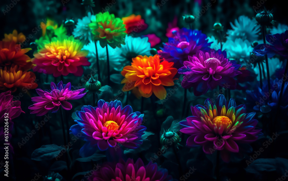 Colorful neon flowers in the garden. Generative AI technology. Colorful neon flowers in the garden. Generative AI technology.