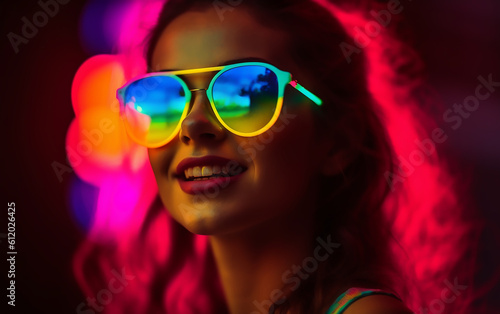 Portrait of a smiling woman with sunglasses. Neon colors. Generative AI technology.