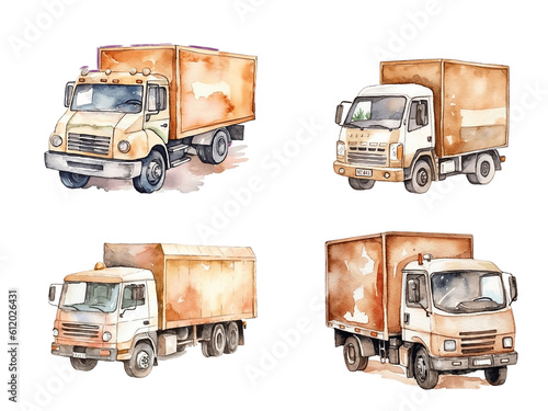 Set of truck stickers. Cars in watercolor style