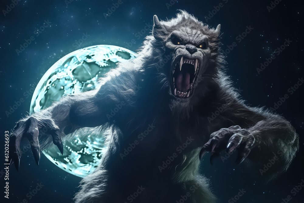 Scary figure of a werewolf on a halloween theme against the background of the full moon, AI Scary figure of a werewolf on a halloween theme against the background of the full moon, AI