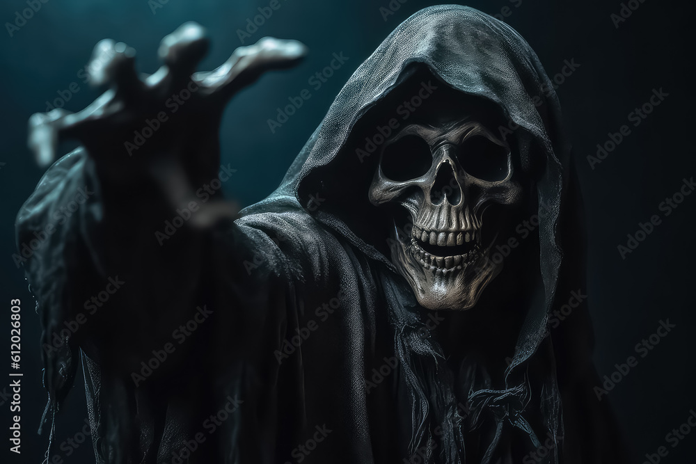 Grim reaper reaching towards the camera over dark background, AI Grim reaper reaching towards the camera over dark background, AI