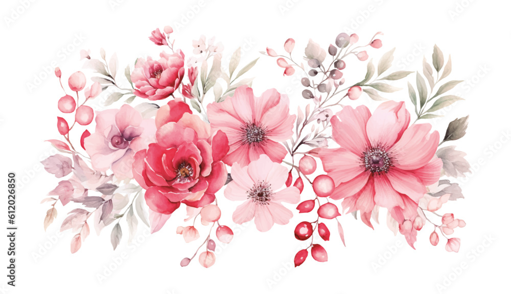 Red and pink flower arrangement watercolor. Vector Illustration
