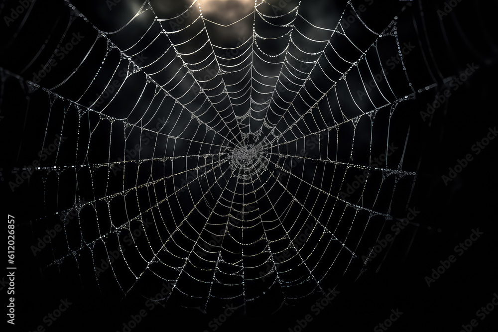 Fototapeta premium Spider web on black darkness, halloween background, AI