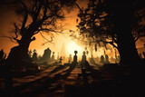 background dark and gloomy halloween cemetery, AI