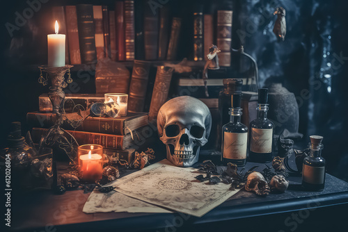 Medieval alchemy laboratory with various flasks and old books during halloween, AI
