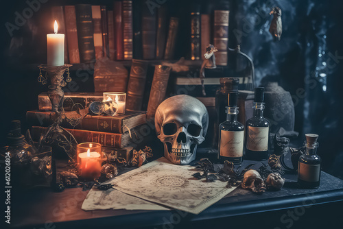 Medieval alchemy laboratory with various flasks and old books during halloween, AI photo