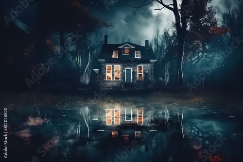 Dark spooky mystical bat castle, scary gloomy halloween mansion, AI © yurakrasil
