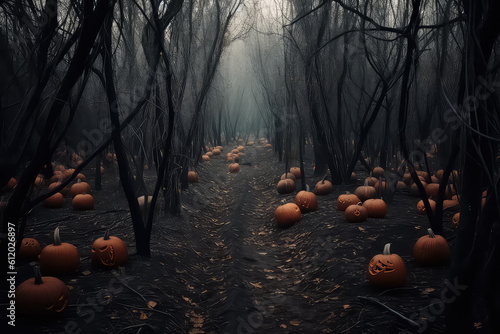 Pumpkins are burning in the forest at night, Halloween background, AI