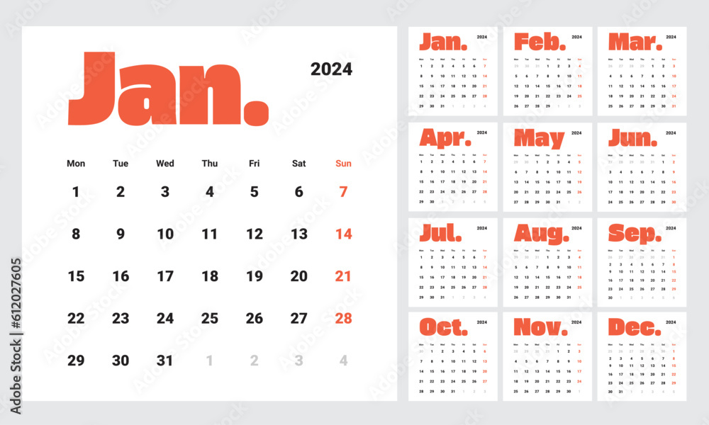 Minimalist style monthly calendar template for 2024 year. English calendar. Week starts on Monday. Set of 12 months. 90s style design with big letters, typographic elements Minimalist style monthly calendar template for 2024 year. English calendar. Week starts on Monday. Set of 12 months. 90s style design with big letters, typographic elements