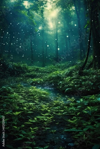 Forest in the night. AI generated art illustration.