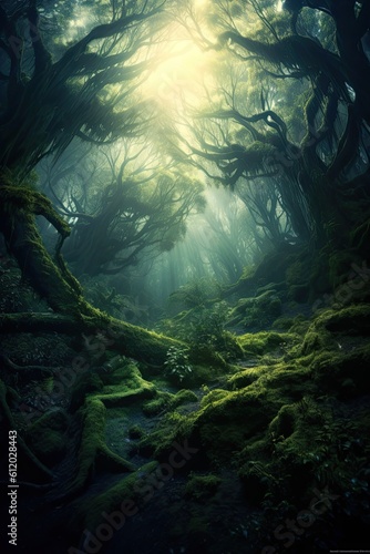 Forest in the night. AI generated art illustration.