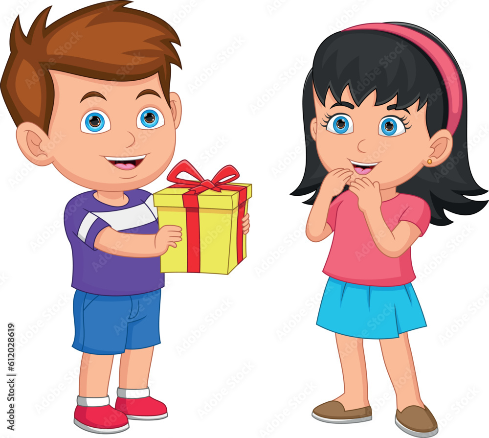 Little boy giving a gift to cute girl Little boy giving a gift to cute girl