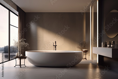 Luxury bathroom interior. Modern big gray bathtub. Generative AI