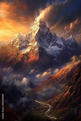Sunrise over the mountains. AI generated art illustration. © Дима Пучков