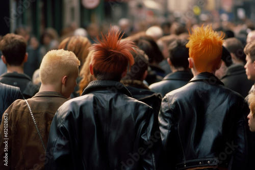 Back view of punks in leather jackets with colorful hair in crowd. 