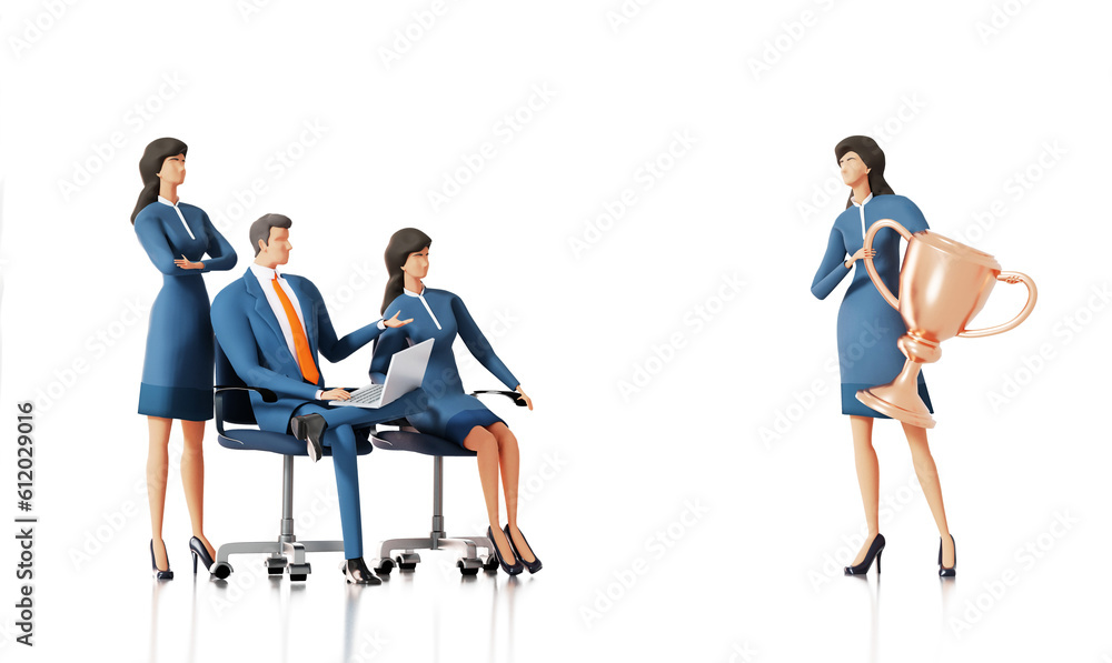 Obraz premium Business people with golden trophy. Winning, achievement concept 3d rendering illustration 