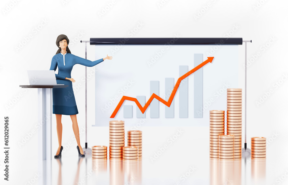 Successful businesswoman stays next to white screen which showing graphs and charts, making presentation, sharing information. 3D rendering illustration