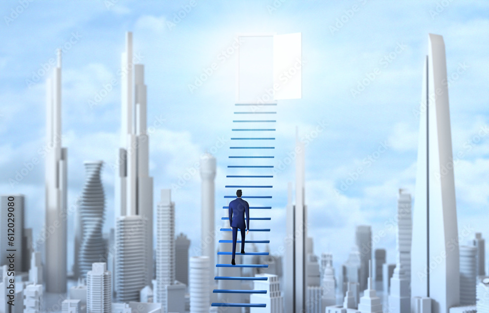 Businessman climbing the ladder of success in the City. 3D rendering illustration