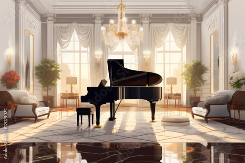 Luxurious living room with a grand piano, chandeliers, and marble accents. Generative AI