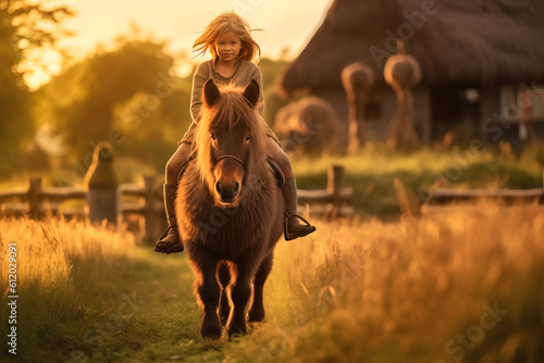 Illustration portrait of a little girl riding a pony in front of a rural summer evening landscape outdoors, created with generative ai photo