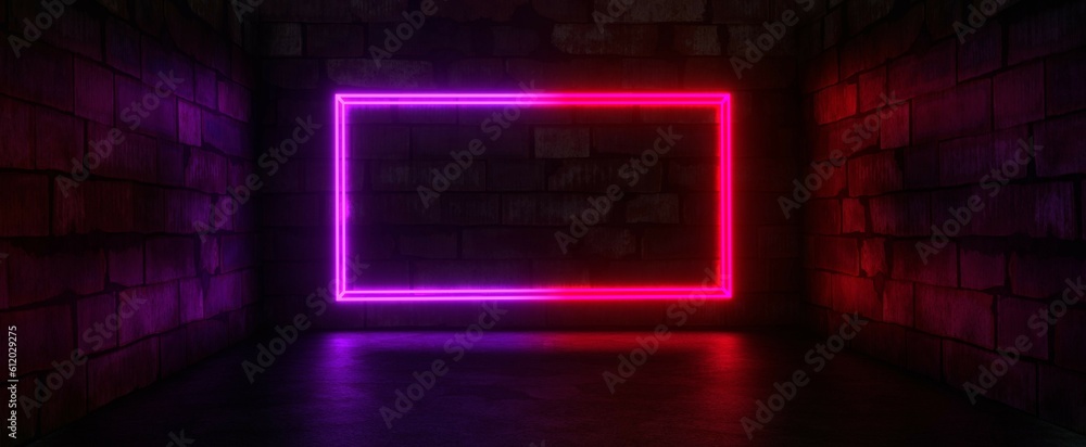 Glowing purple rectangle frame in brick room background. Neon laser 3d render flare of cyberpunk and rave parties. Digital futuristic billboard with techno highlights. Glowing purple rectangle frame in brick room background. Neon laser 3d render flare of cyberpunk and rave parties. Digital futuristic billboard with techno highlights.