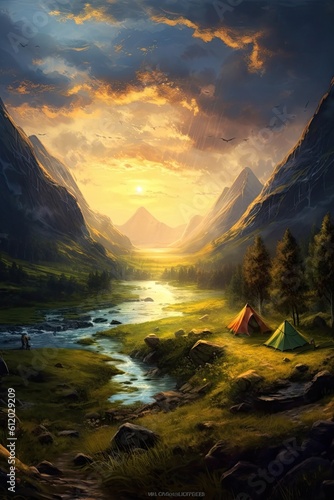 Sunset over the river. AI generated art illustration.