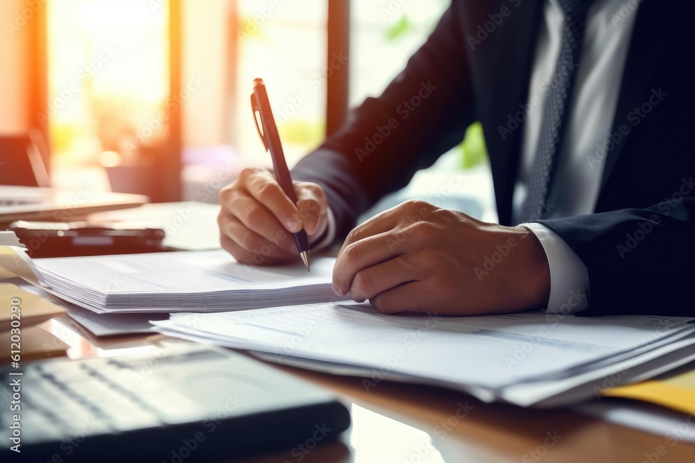 financial budget audit A male auditor is using a pen to write down budgets to trace the company's financial fraud. Generative AI financial budget audit A male auditor is using a pen to write down budgets to trace the company's financial fraud. Generative AI