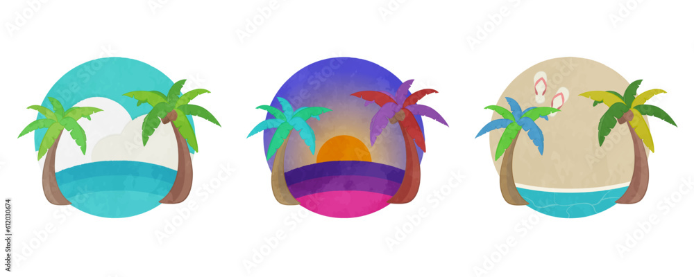 Cute palm trees and summer scenery illustration set