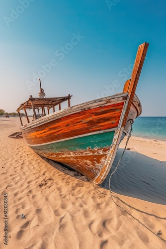 Boat on the beach. AI generated art illustration.