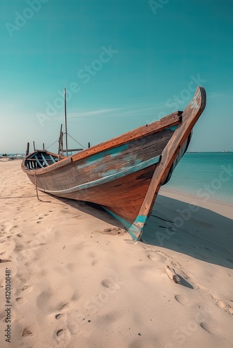 Boat on the beach. AI generated art illustration.