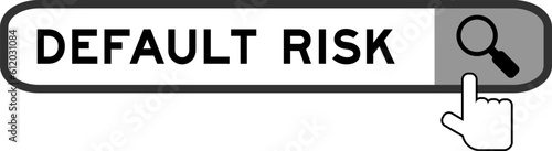 Search banner in word default risk with hand over magnifier icon on white background