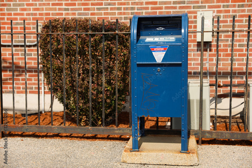 Providence, Rhode Island, USA, June 11, 2023, USPS mailbox stands tall