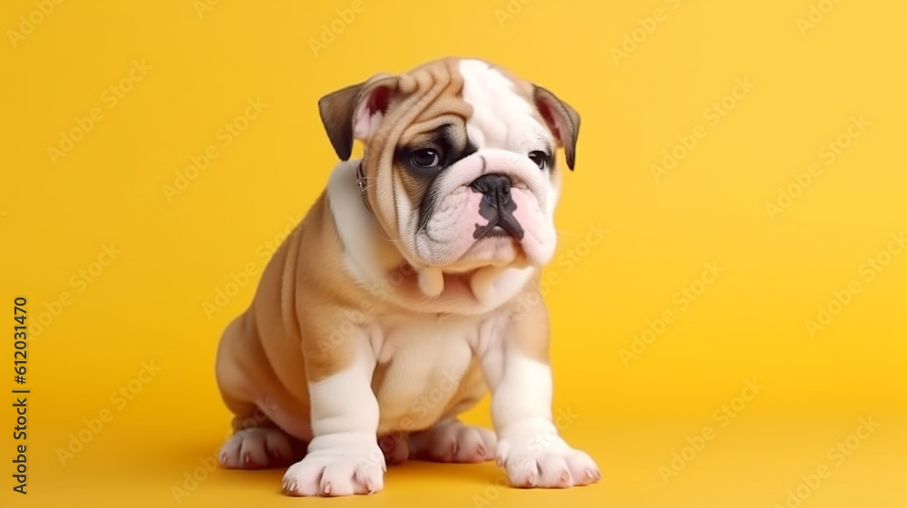Cute puppy bulldog on the bright yellow background, copyspace. Generative AI